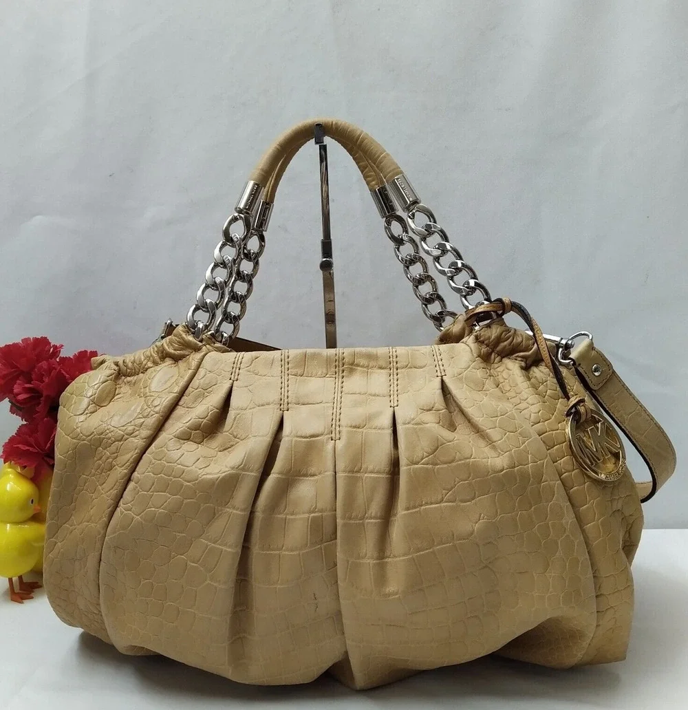Michael Kors Tan Leather Crocodile Embossed Leather Chain Strap Shoulder Bag